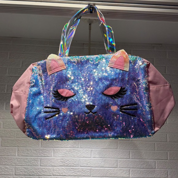 Kids Sequin Cat Face Duffle Bag Holographic Handles Pink Travel - Picture 1 of 3